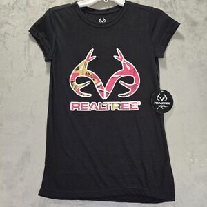 Realtree Women's Short Sleeve T-Shirt Black Pink & Camo Size Small